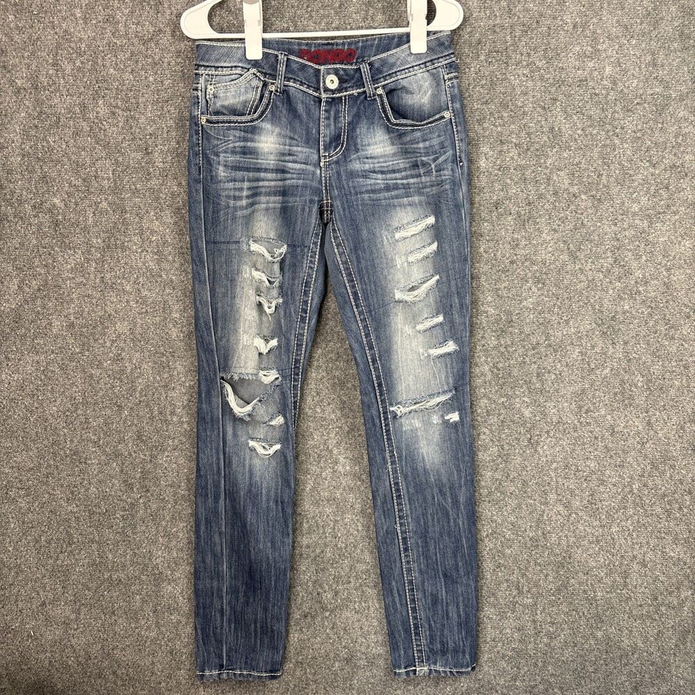Bongo Jeans Womens Size 7 Blue Distressed Skinny Embroidered